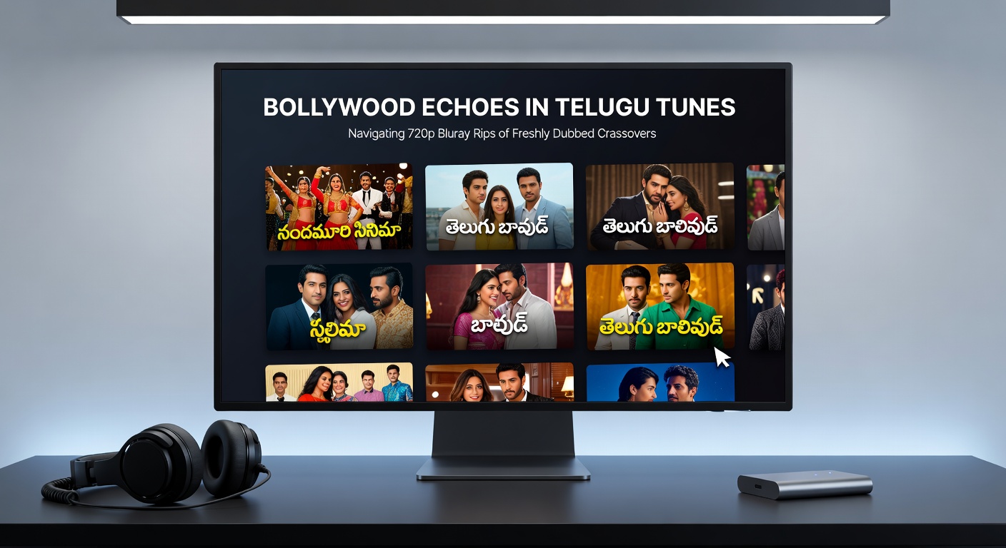 Close-up of a BluRay disc player displaying a 720p Telugu-dubbed Bollywood film menu, with chapter selections for songs and action scenes