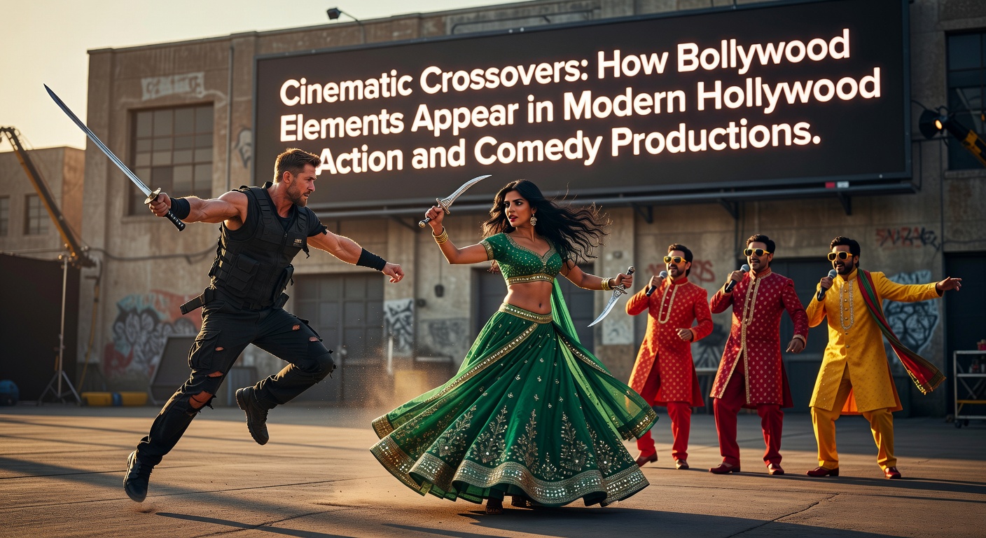 Illustration showing fusion of Bollywood dance sequences and Hollywood action choreography in a modern film scene