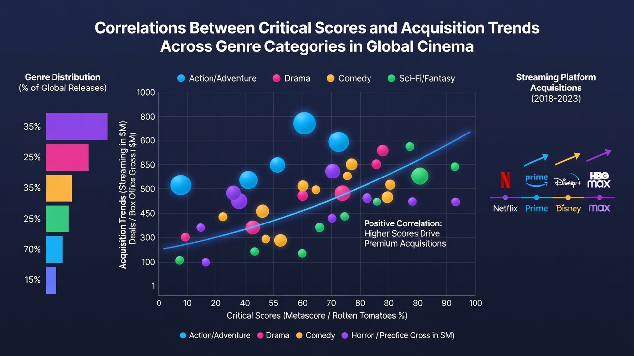 Infographic illustrating acquisition timelines correlated with critic scores for global cinema genres