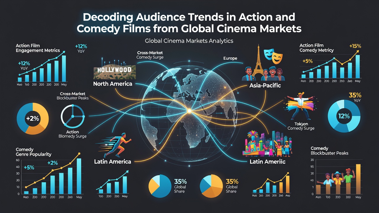 Global cinema audiences engaging with action and comedy films across diverse markets