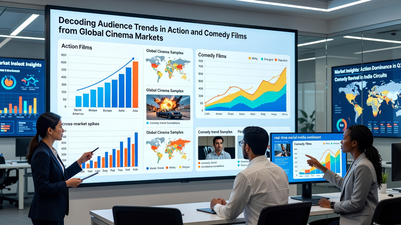 Diverse global audiences at a film festival screening action and comedy titles