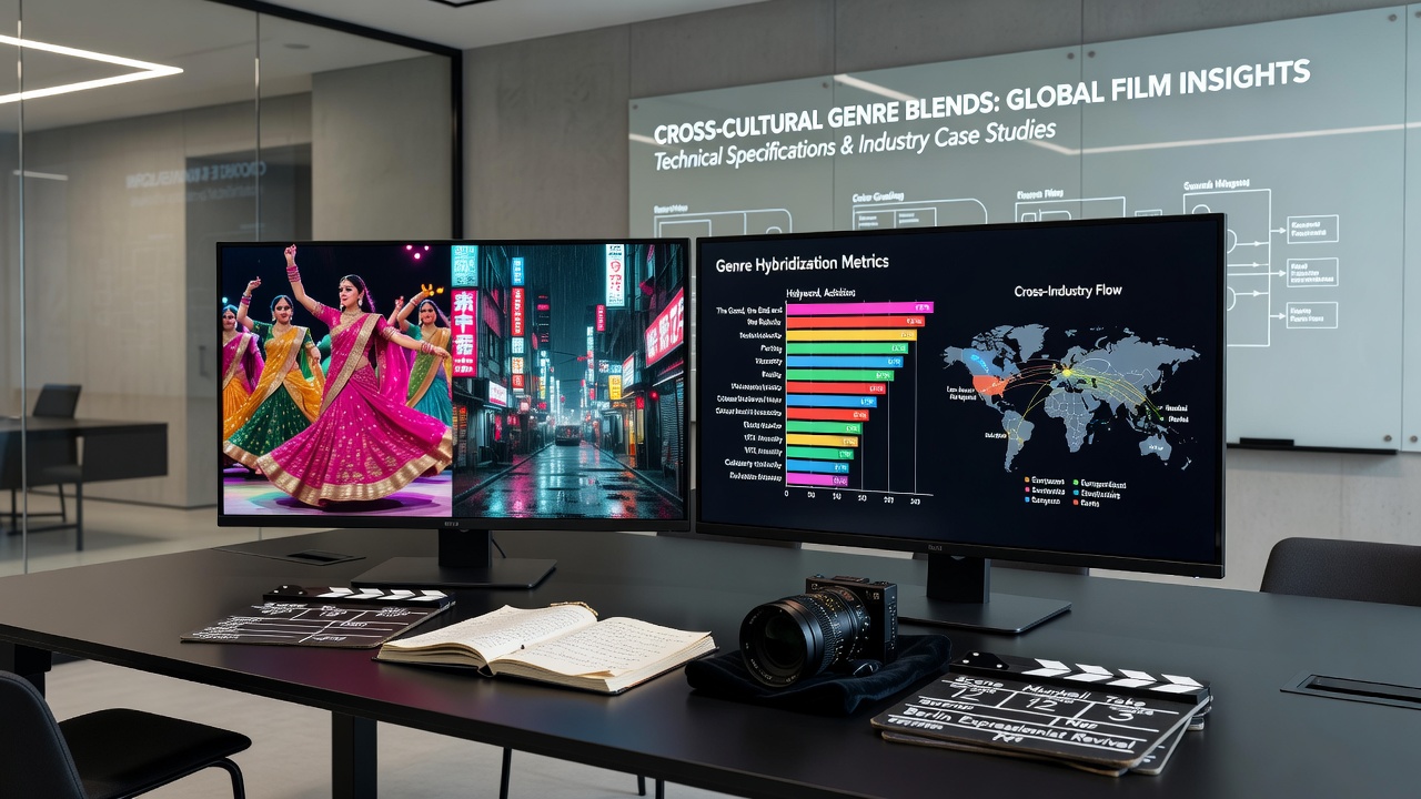 Film editing suite displaying multiple monitors with cross-cultural genre blend footage and color grading tools