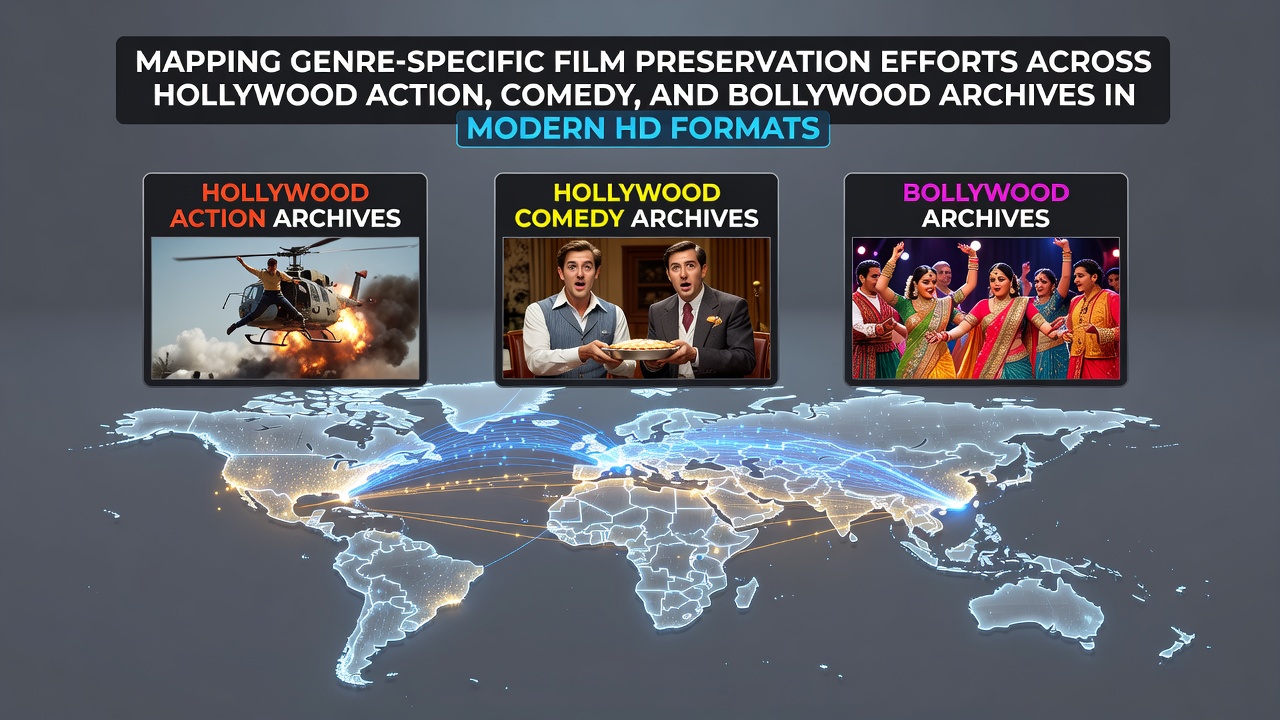 Film archivists examining original reels from Hollywood action and comedy productions alongside Bollywood classics during HD restoration workflows
