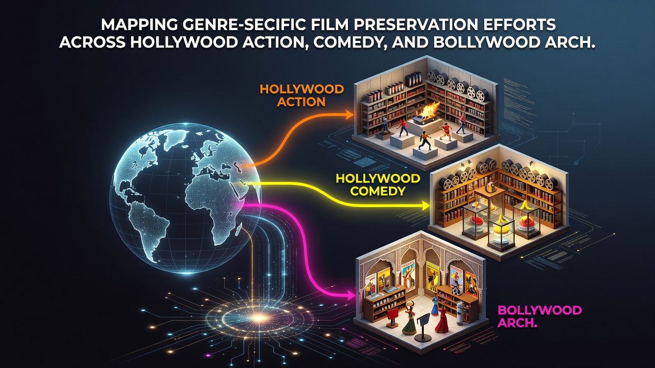 Technicians at a Bollywood film archive performing color correction and audio synchronization on HD masters of classic productions