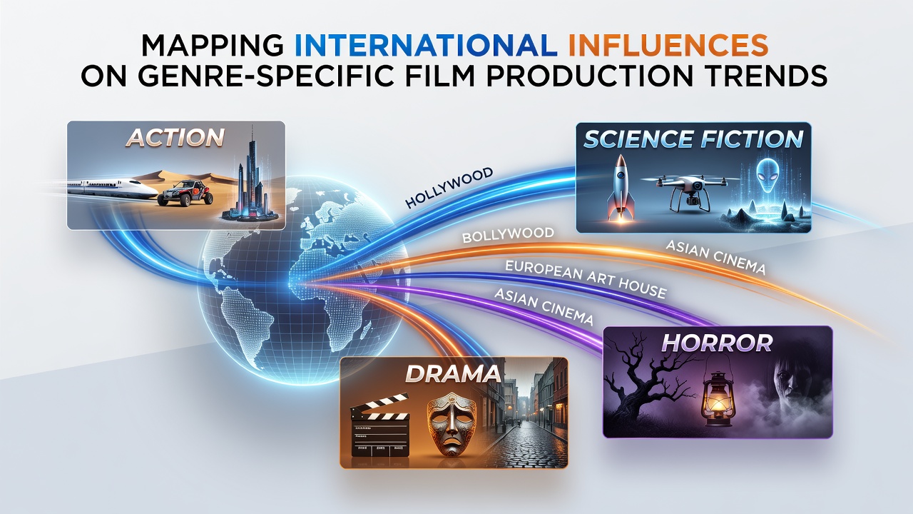 World map overlay showing film production hubs and genre influence arrows between countries