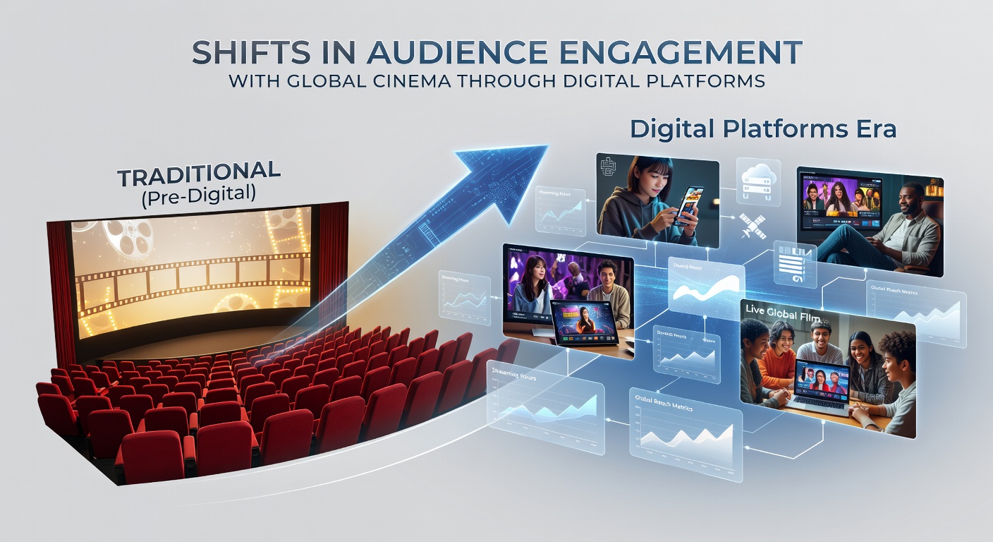 Diverse global audiences interacting with streaming services and digital cinema platforms on various devices