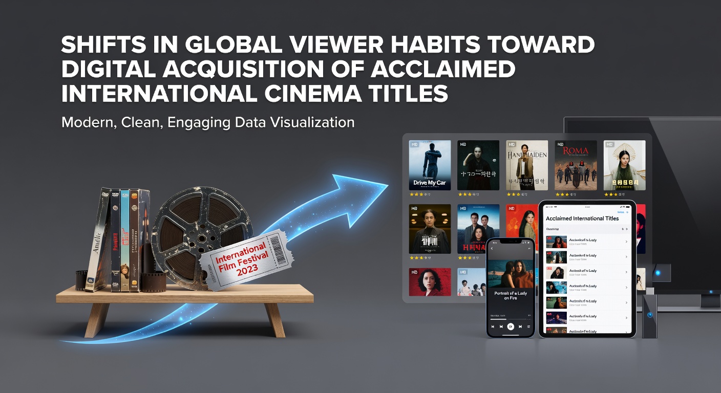Global audiences engaging with digital platforms for international cinema titles on various devices