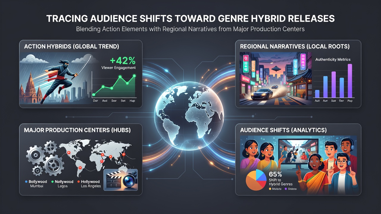 Cinema audience watching a hybrid action film with regional cultural elements on screen