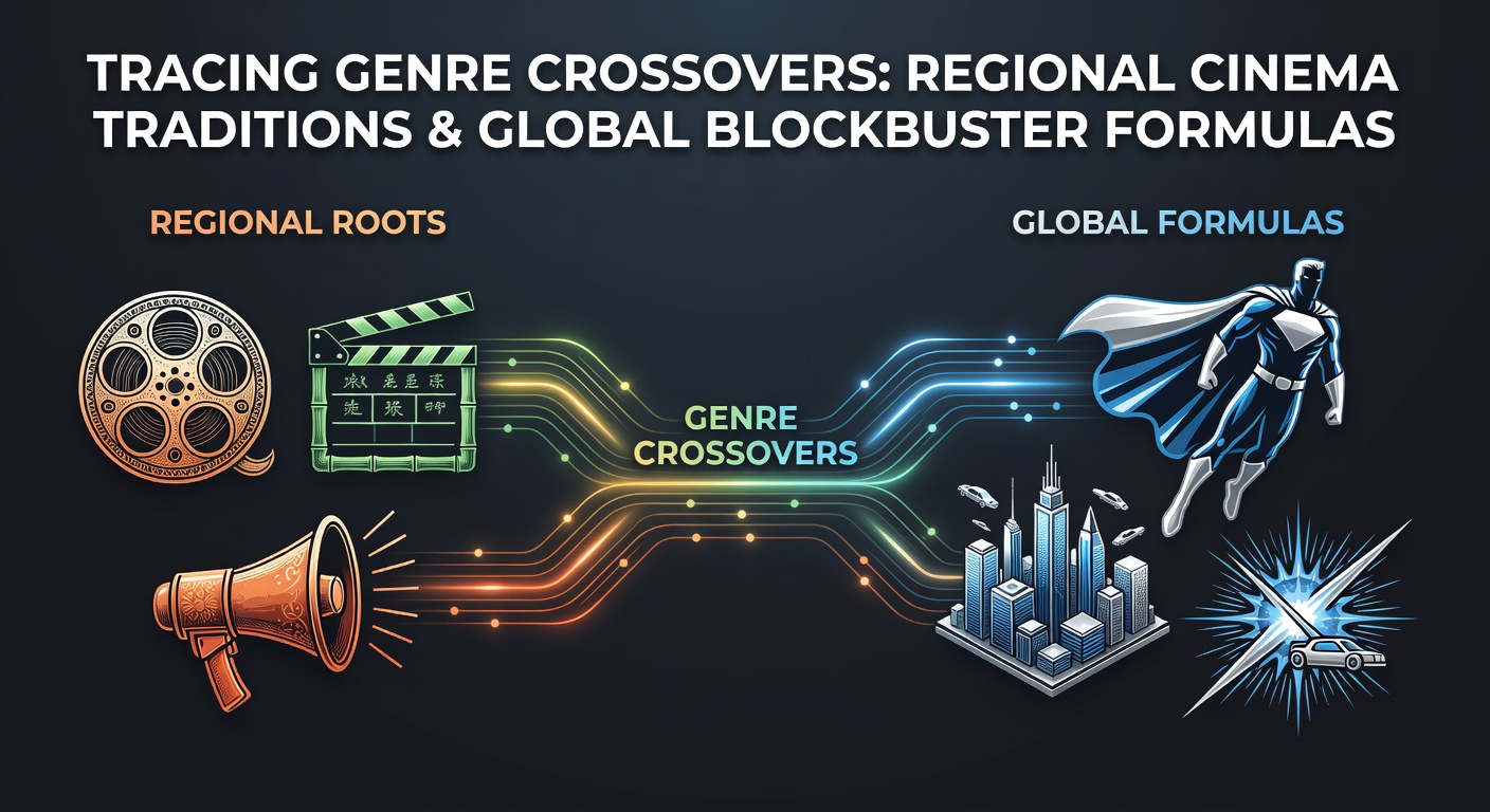 Visual representation of genre fusion in global and regional films showing cultural symbols merged with action sequences