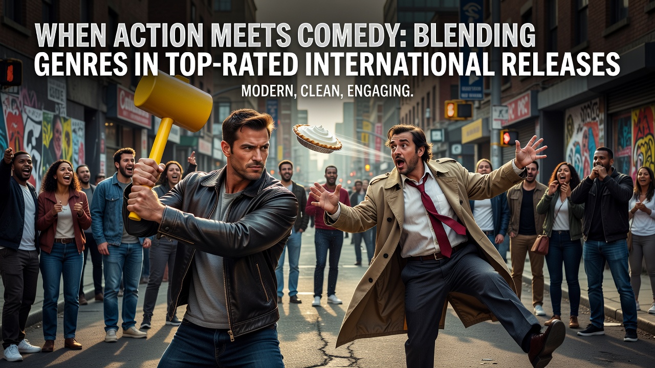 Action comedy film scene with international cast performing stunts and humorous dialogue on set